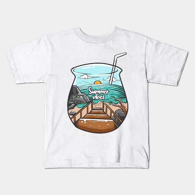 Summer Vibes Ocean Illustration Kids T-Shirt by Mako Design 